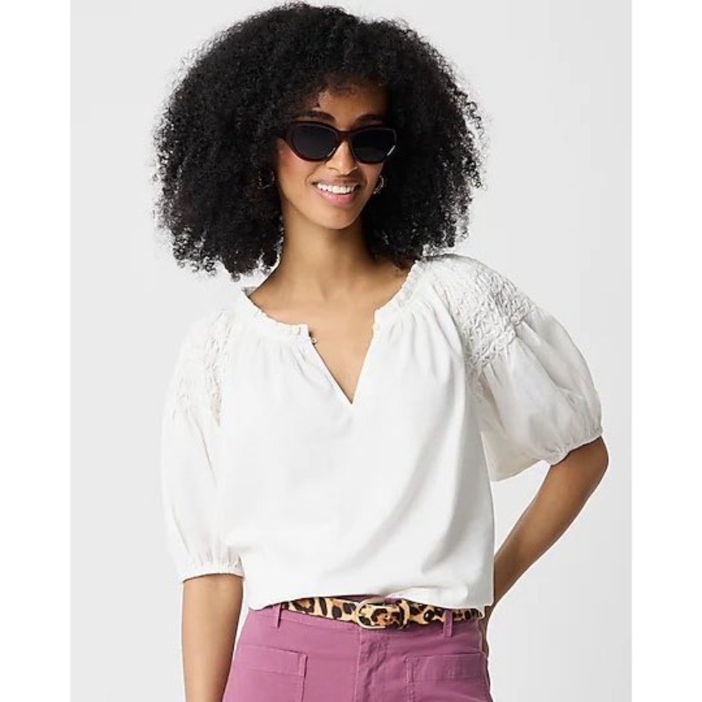 J Crew Ivory Smocked Puff-sleeve Split-neck Top Women's Size‎ Small NWT